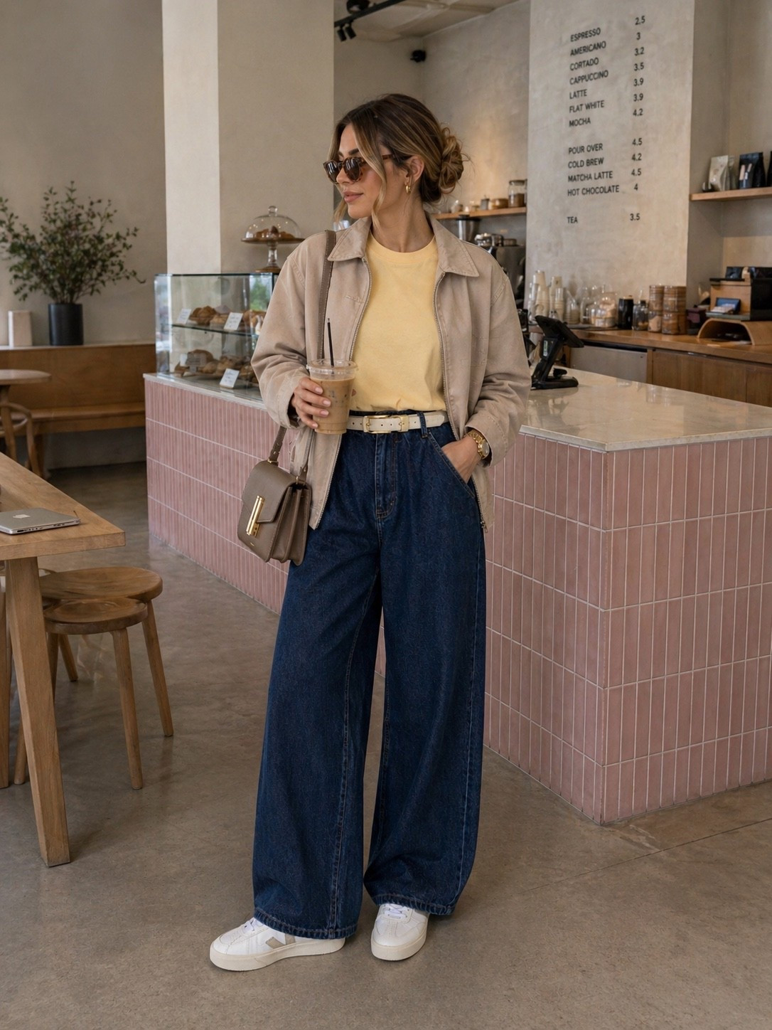 Coffee cafe outfit butter yellow tshirt cropped trench coat and barrel jeans 

#LTKsummer #LTKspring #LTKjeans