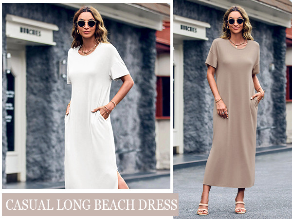 Dyexces Womens Summer T Shirt Dress Casual Drop Shoulder Round Neck Maxi Dresses Loose Side Slit ... | Amazon (US)