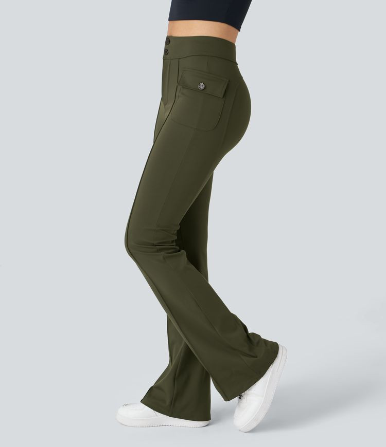 High Waisted Side Flap Pocket Flare Casual Cargo Pants | HALARA
