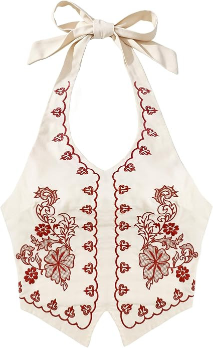 Women's Boho Halter Tops Embroidered Floral Tie Backless Western Crop Top Summer Vacation Going O... | Amazon (US)