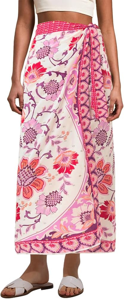 Womens Floral Wrap Midi Skirt Summer Adjustable Tie Side Casual High Waist A Line Beach Boho Long... | Amazon (US)