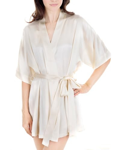 OSCAR ROSSA Women's Luxury Silk Sleepwear 100% Silk Sexy Short Robe Kimono, Ivory, Large | Amazon (US)