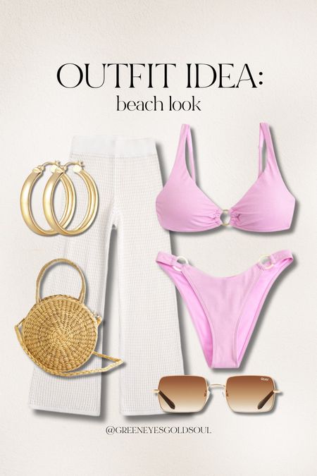 Outfit idea for the beach on vacation! 
Bikini, swim suit, coverup pants, straw bag, gold hoops, sunglasses, rectangle sunglasses, resort, resort wear, beach finds, vacation finds, travel, cruise 

#LTKstyletip #LTKtravel #LTKswim