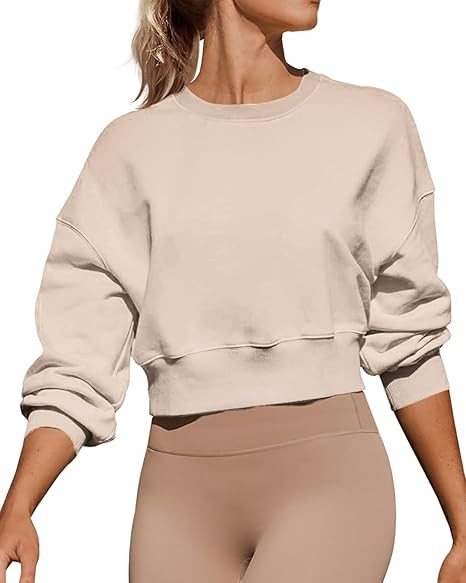 Joywayco Women's Long Sleeve Round Neck Cropped Sweatshirts Cute Loose Fit Pullover Tops | Amazon (US)