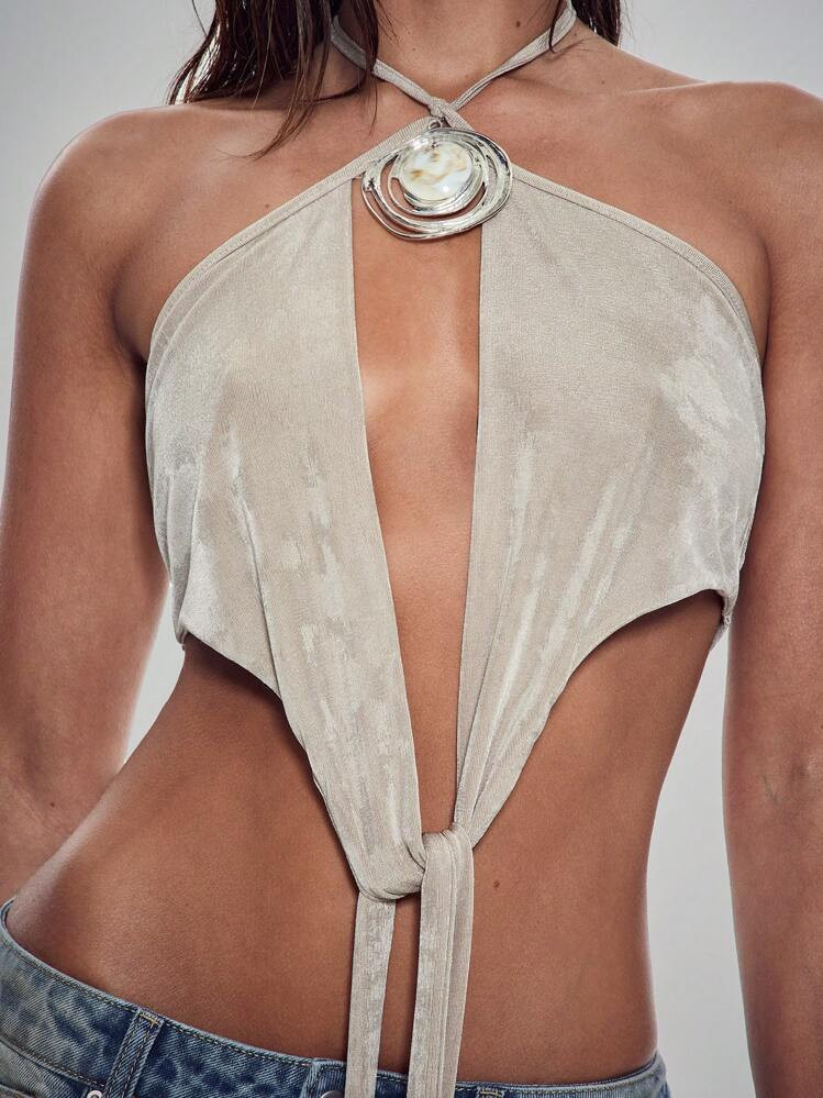 Denimoi Tie Front Cut Out Low Back Halter Top With Stone Necklace | SHEIN