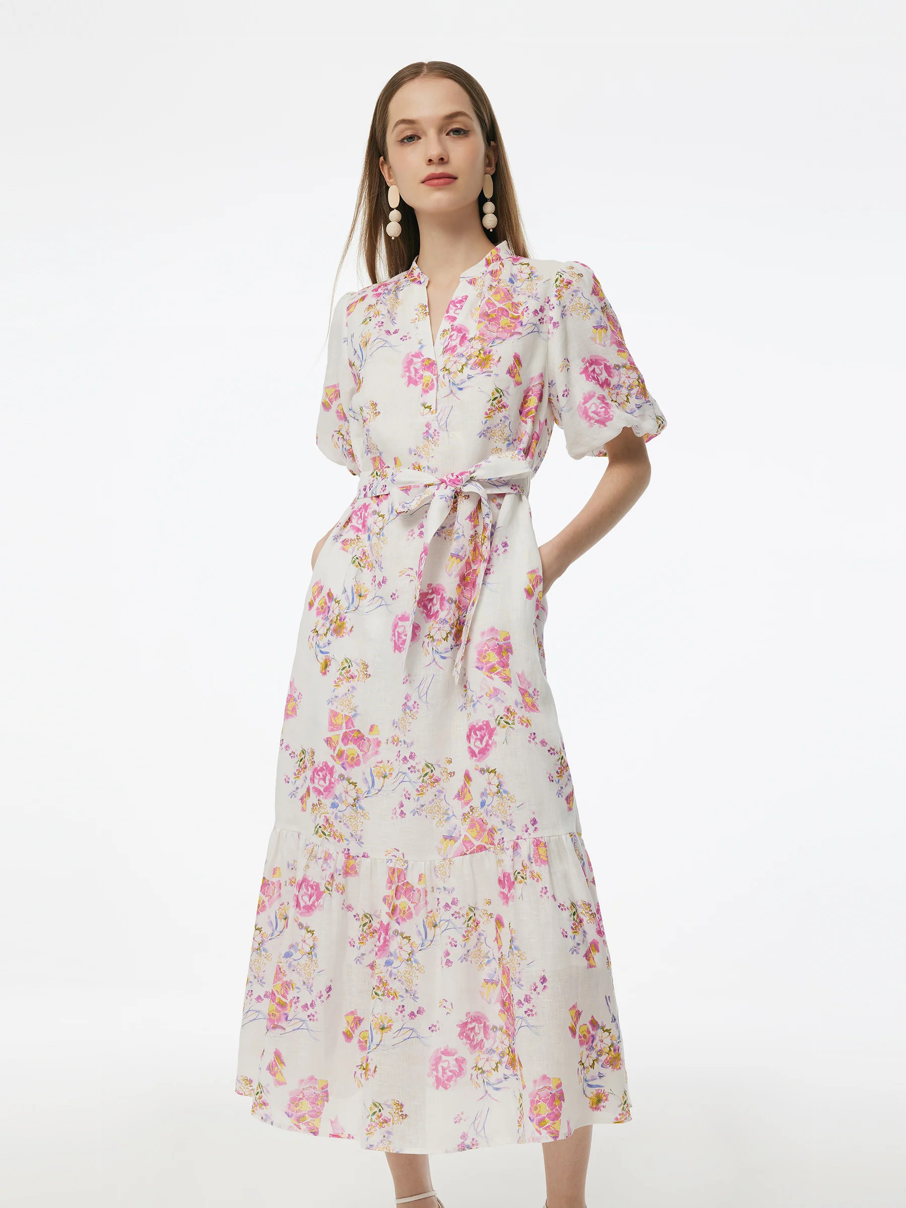 100% Linen Rose Print Women Maxi Dress With Belt - Summer Rose Garden Print / XS | GOELIA