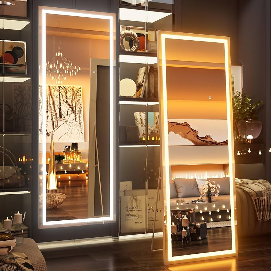 81x34 Inch LED Full Length Mirror with Lights, White Frame Dimmable & 3 Color Modes Floor & Wall ... | Amazon (US)