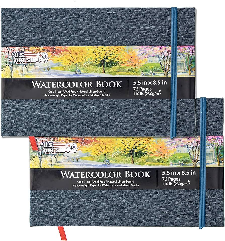 U.S. Art Supply 5.5" x 8.5" Watercolor Book, 2 Pack, 76 Sheets, 110 lb (230 GSM) - Linen-Bound Ha... | Amazon (US)