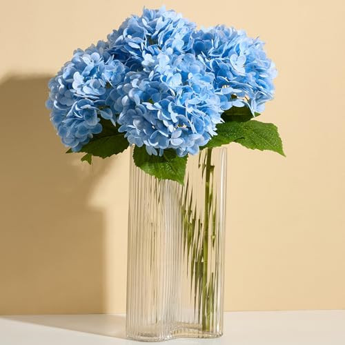 Real Touch Blue Hydrangea Artificial Flowers (4-Pack) -20" Faux Hydrangea Flowers with Long Stem & Leaves - Realistic Fake Hydrangeas for Home Decor Floral Arrangements Wedding Bouquets Centerpieces | Amazon (US)