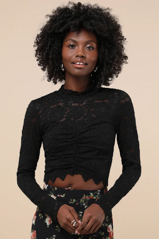 Exquisite Essential Black Fuzzy Lace Ruched Long Sleeve Top | Lulus