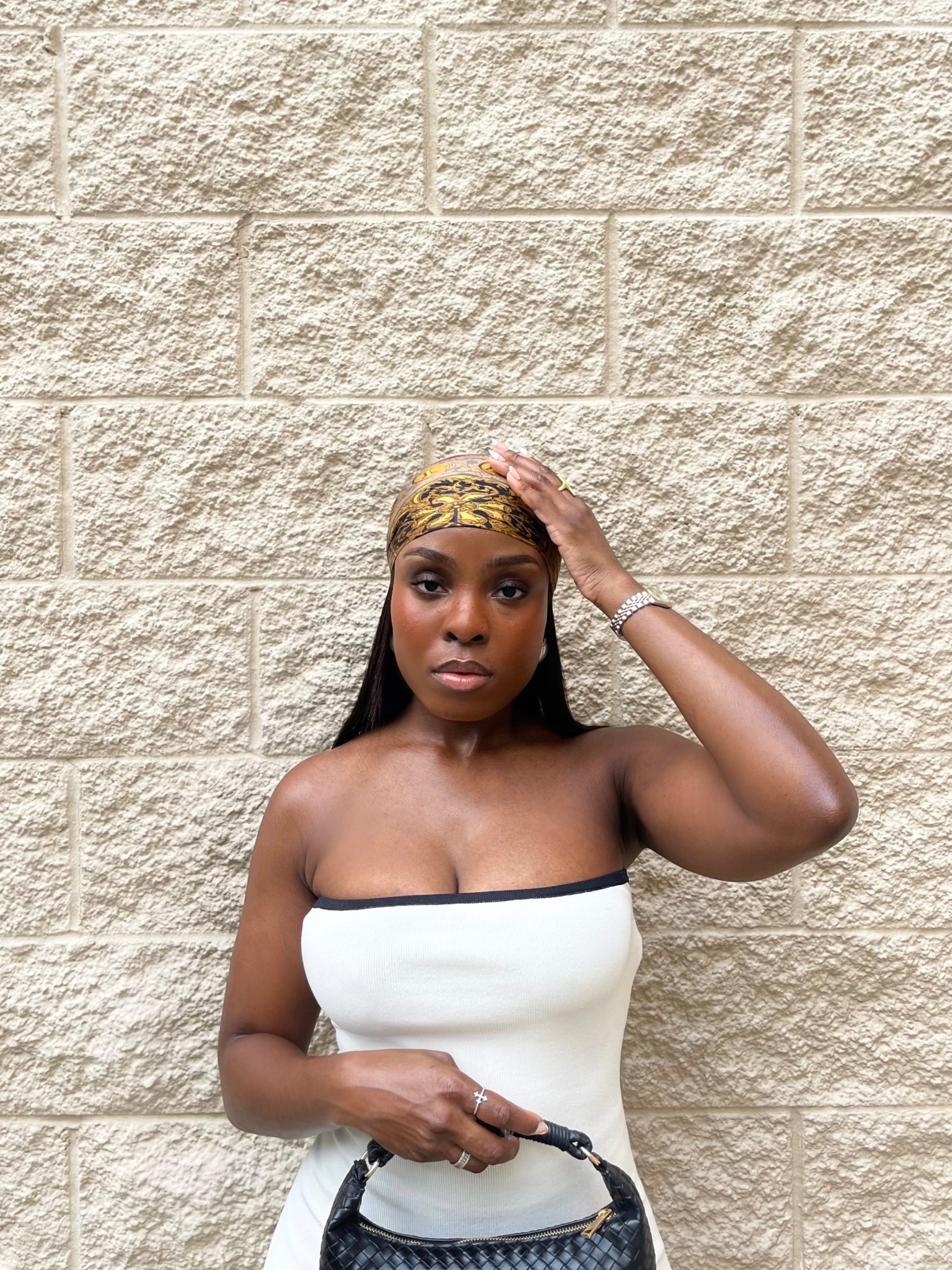 Fitted cream maxi dress, summer dress, strapless dress, silk head wrap, silk bohemian paisley print 