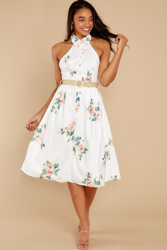 Just A Natural White Floral Print Midi Dress | Red Dress 