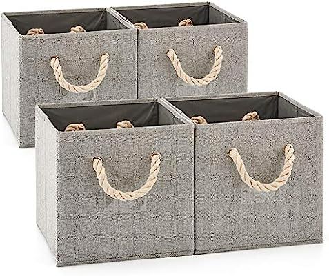 Set of 4 EZOWare Foldable Bamboo Fabric Storage Bin with Cotton Rope Handle, Collapsible Resistan... | Amazon (US)
