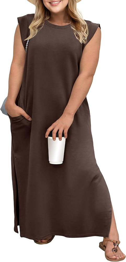 OLRIK Plus Size Maxi Dresses for Curvy Women 2026 Summer Casual Cap Sleeve Split Long Dress with ... | Amazon (US)