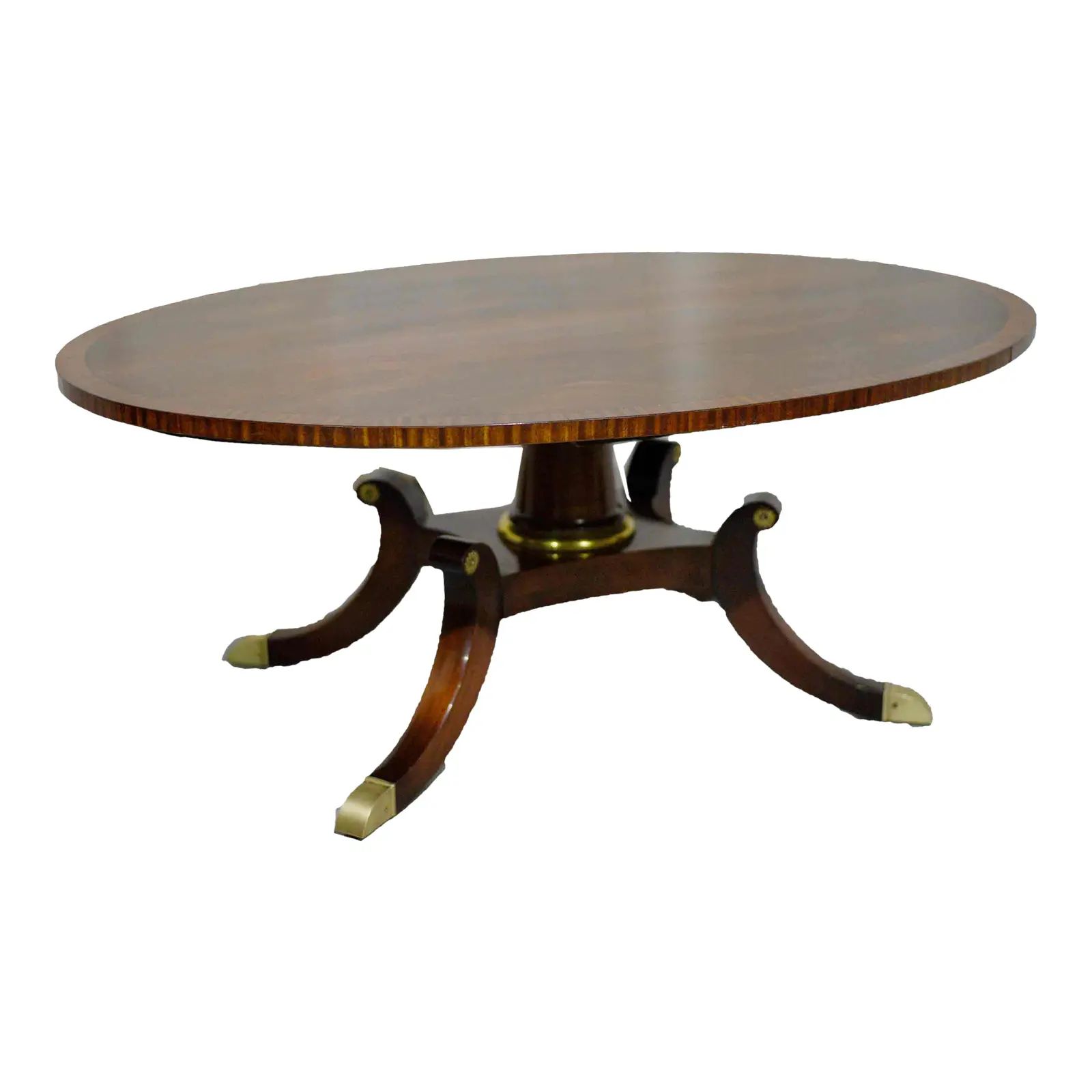 1950s Traditional Banded Mahogany Oval Pedestal Coffee Table by Charak Furniture Boston | Chairish