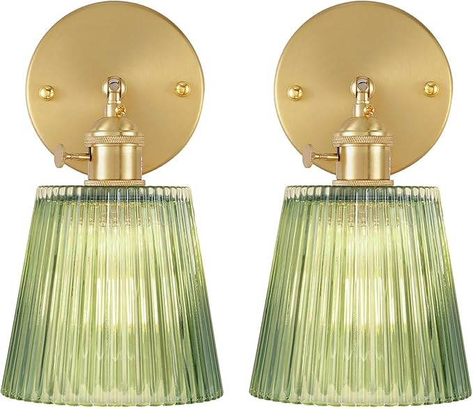 Vintage Wall Sconces Set of 2 with Green Stripe Glass Lampshade 180 Degree Adjustable Brass Sconc... | Amazon (US)