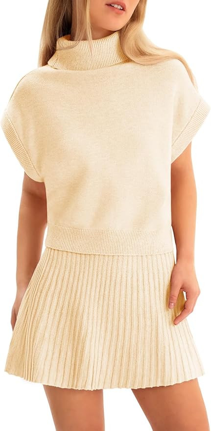 Tankaneo Womens Skirt 2 Piece Sets Sweater Set 2025 Turtleneck Cap Sleeve Crop Top and Pleated Mi... | Amazon (US)
