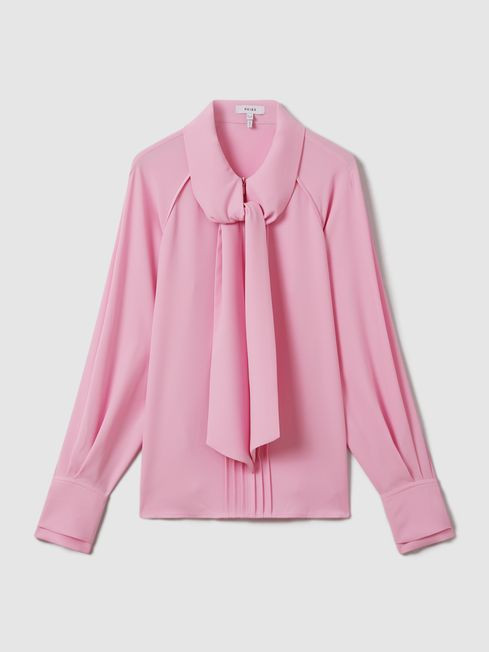 Reiss Pink Ella Tie Neck Zip Front Blouse | Reiss UK