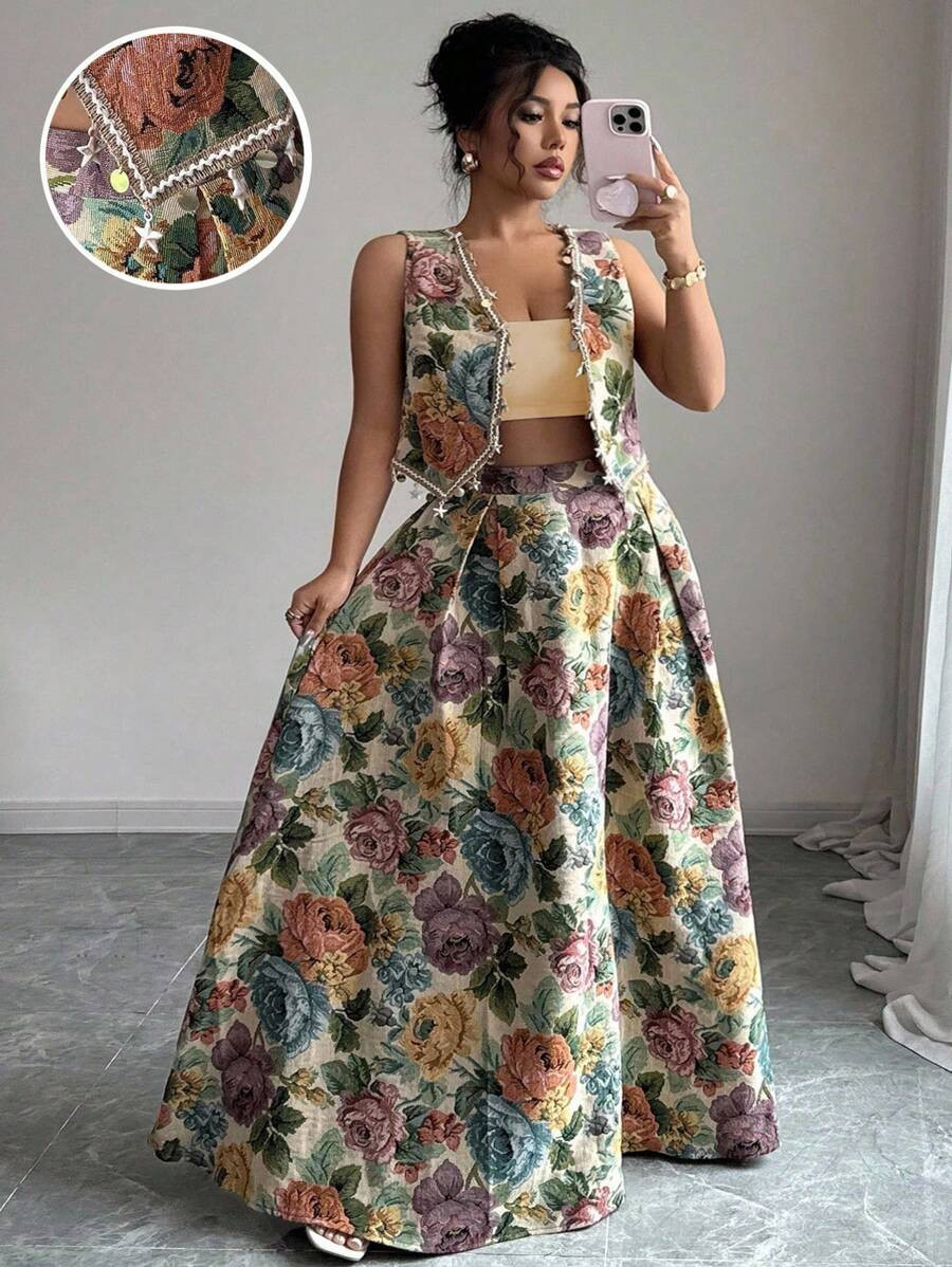 Elenzga 2pcs/Set Women Plus Size Shell Decorated Open Front Blouse + Embroidered Skirt | SHEIN