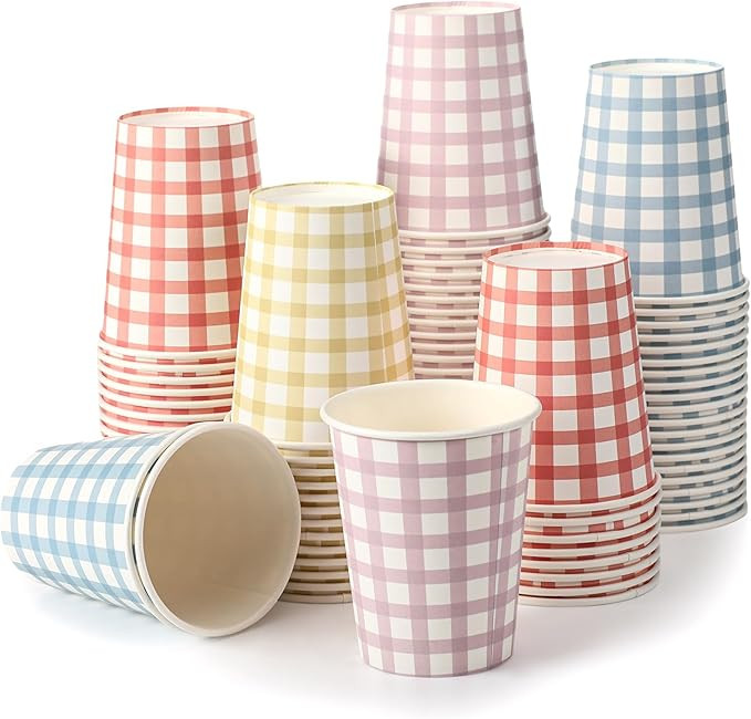 Tioncy 9 oz Gingham Paper Drinking Cups, 100 Pieces, 4 Colors, Checkered Cups for Hot Cold Bevera... | Amazon (US)
