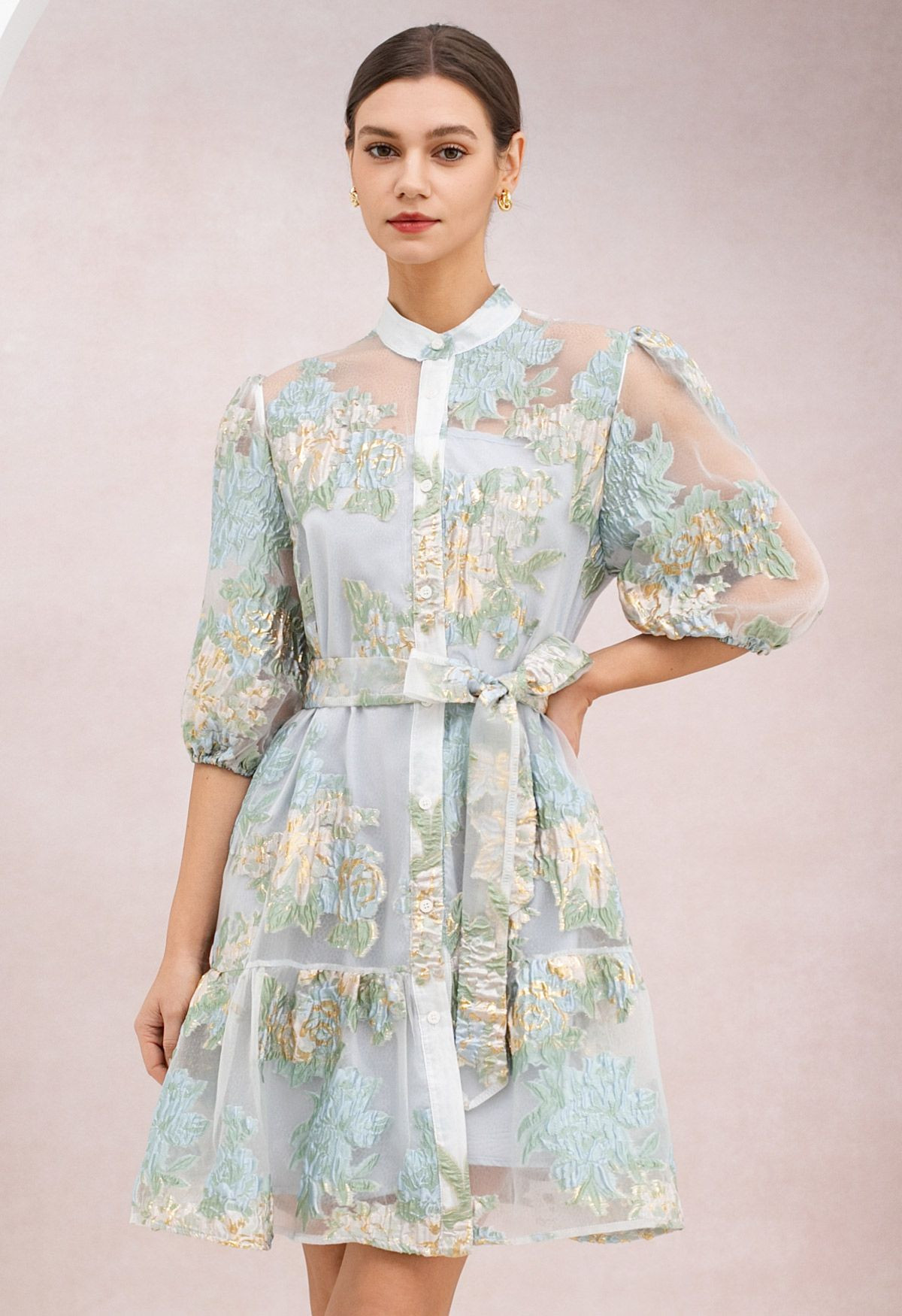 Floral Jacquard Puff Sleeves Organza Buttoned Belted Dolly Dress in Baby Blue for Garden Parties ... | Chicwish