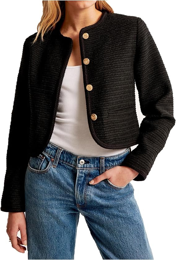 Women's Tweed Jackets Long Sleeve Crew Neck Button Down Cropped Jacket Coat with Pockets | Amazon (US)