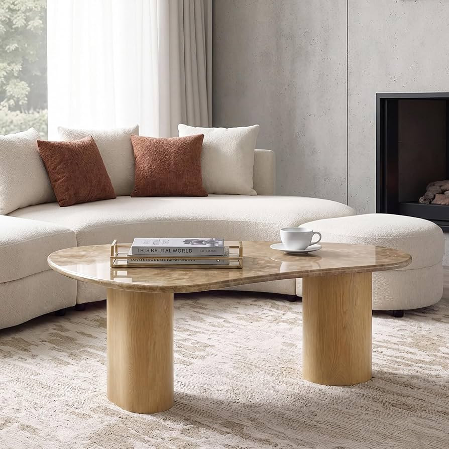 HULALA HOME Asymmetrical Oval Coffee Table with Natural Marble Top, Pale | Amazon (US)