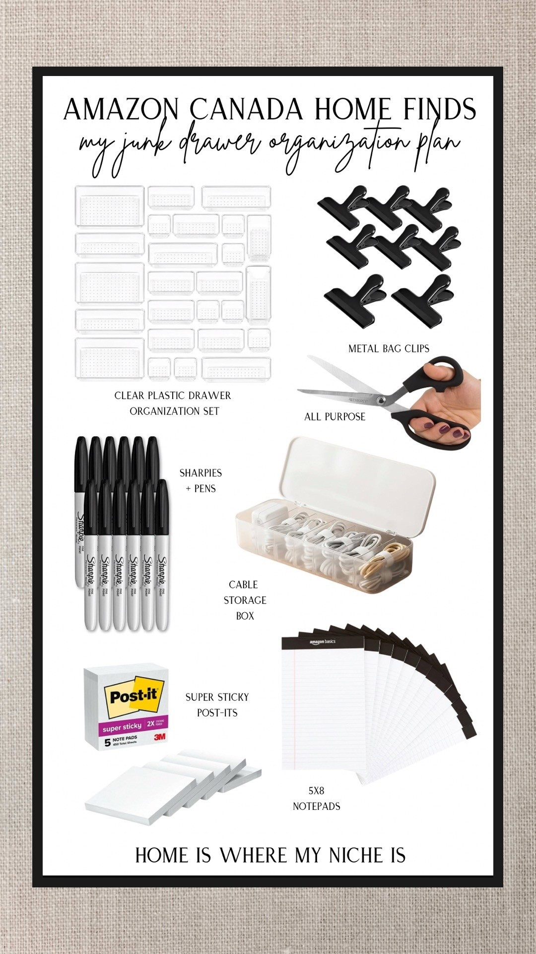 O R G / my Amazon Canada junk drawer organization plan

+ clear plastic organizer set
+ black metal bag clips
+ all purpose scissors
+ cable cord storage box
+ 5x8 ruled notepads
+ super sticky white post-its
+ sharpie pens
+ rsvp black pens 

#LTKfamily #LTKcanada #LTKhome