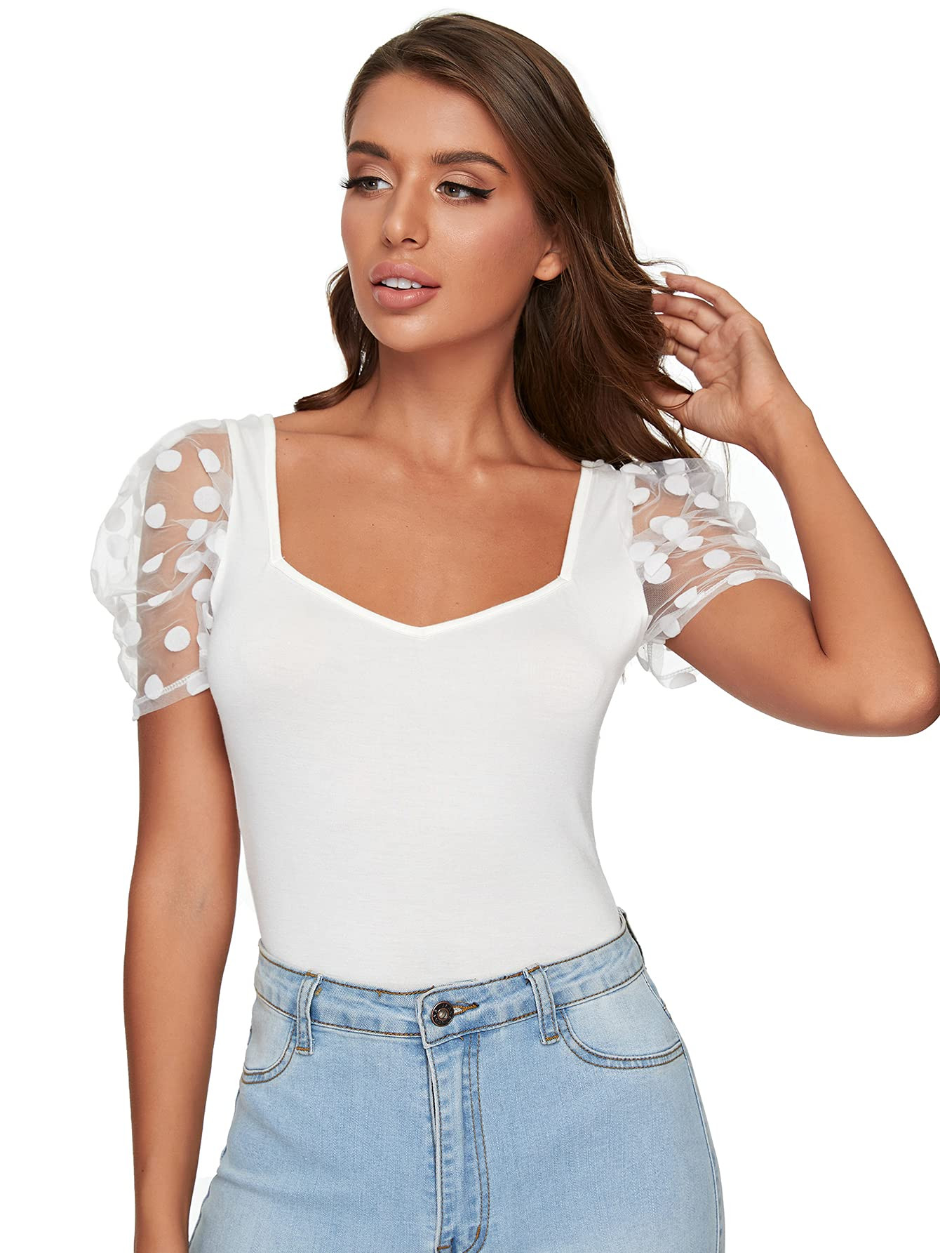 Verdusa Women’s sweetheart Neck Mesh Puff Sleeve Slim Fitted Top | Amazon (US)
