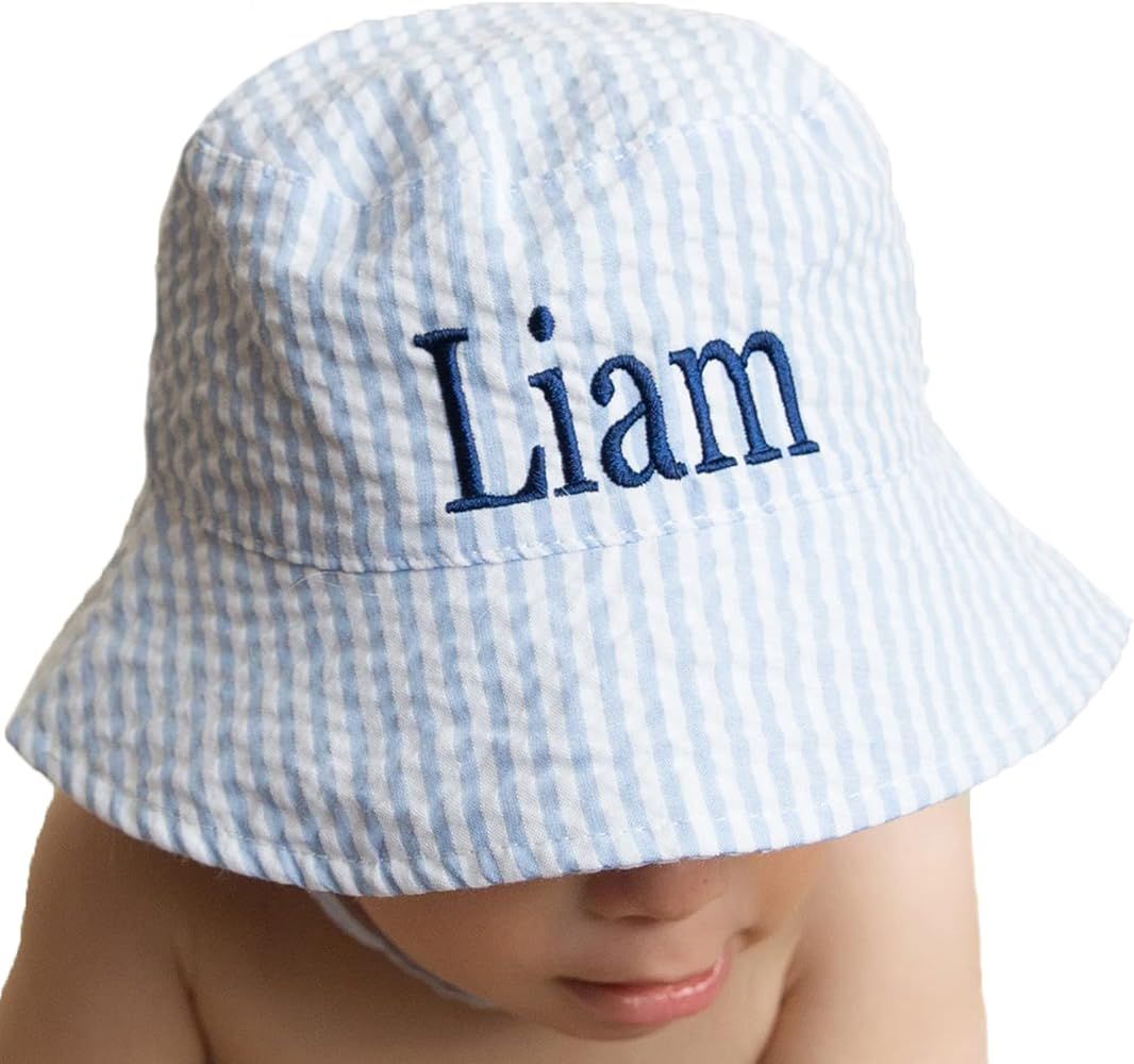 Melondipity Blue & White Seersucker Personalized Sun Hat for Baby and Toddler Boys | Amazon (US)