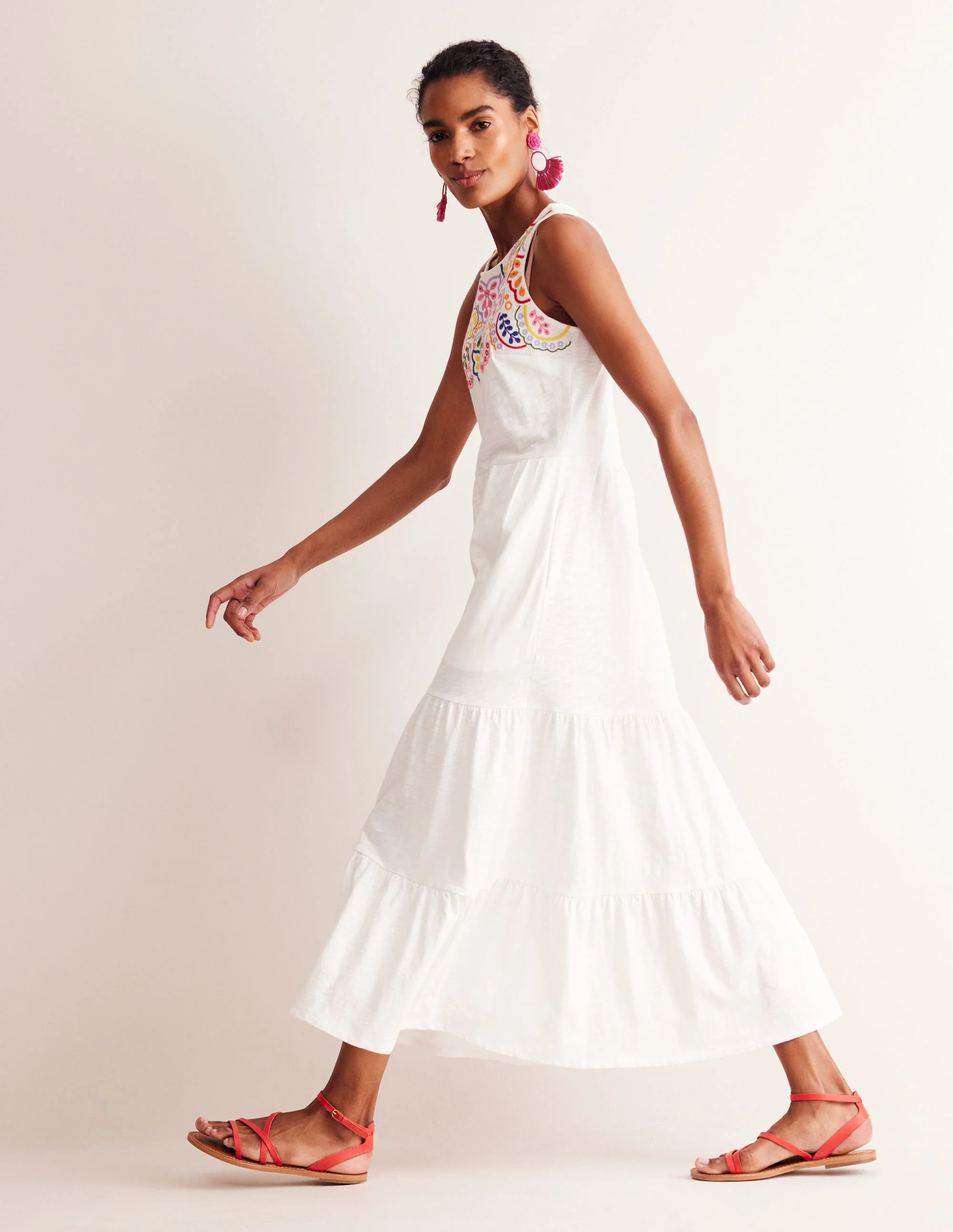 Embroidered Jersey Midi Dress-White | Boden UK