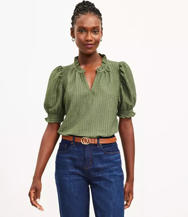 Stitchy Ruffle Puff Sleeve Top | LOFT