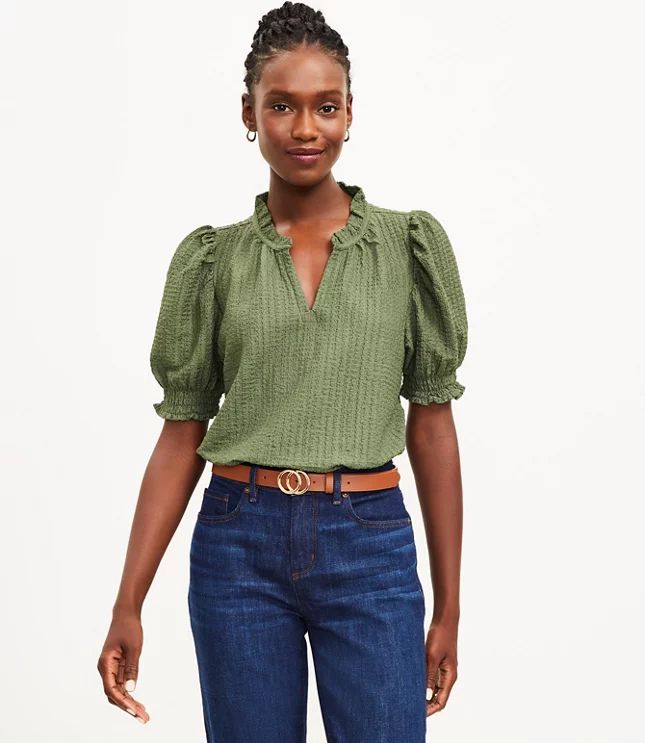 Stitchy Ruffle Puff Sleeve Top | LOFT