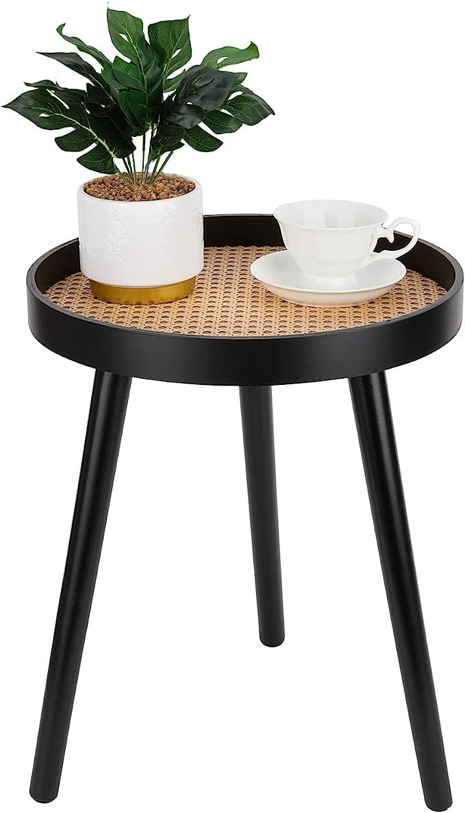 Rattan Round Side Table, Black Small End Table, Accent Table, Modern Boho Bedside Table, Mid-Cent... | Amazon (US)