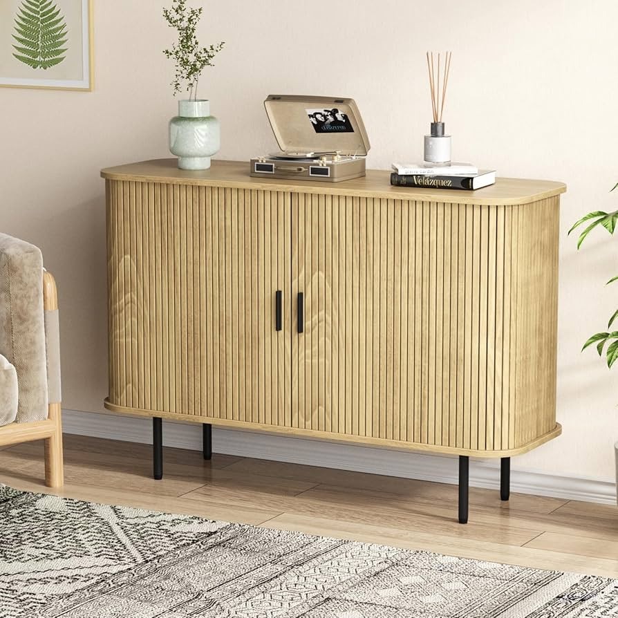 47''W x 32''H Fluted Sideboard Buffet Cabinet with Storage, Console Table Credenza with Tambour S... | Amazon (US)