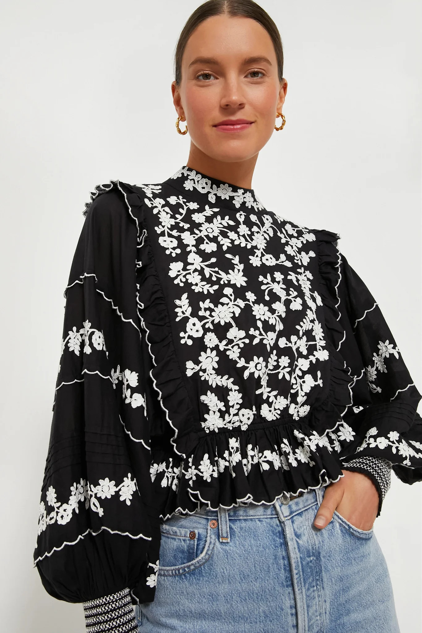 Black Embroidered Ruffle Long Sleeve Blouse | Tuckernuck (US)