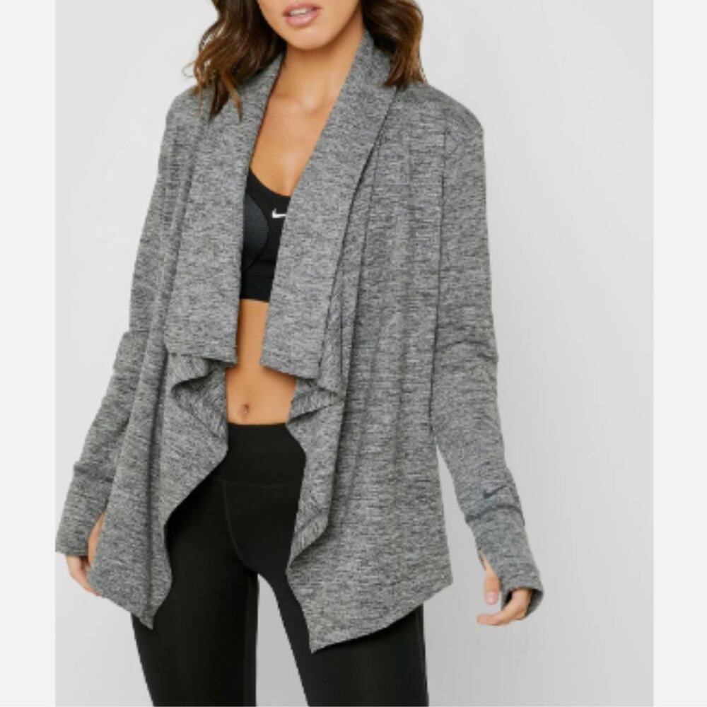 Nike Women's Yoga Draped Open Front Dri Fit Cardigan Heather Gray Size L | Poshmark