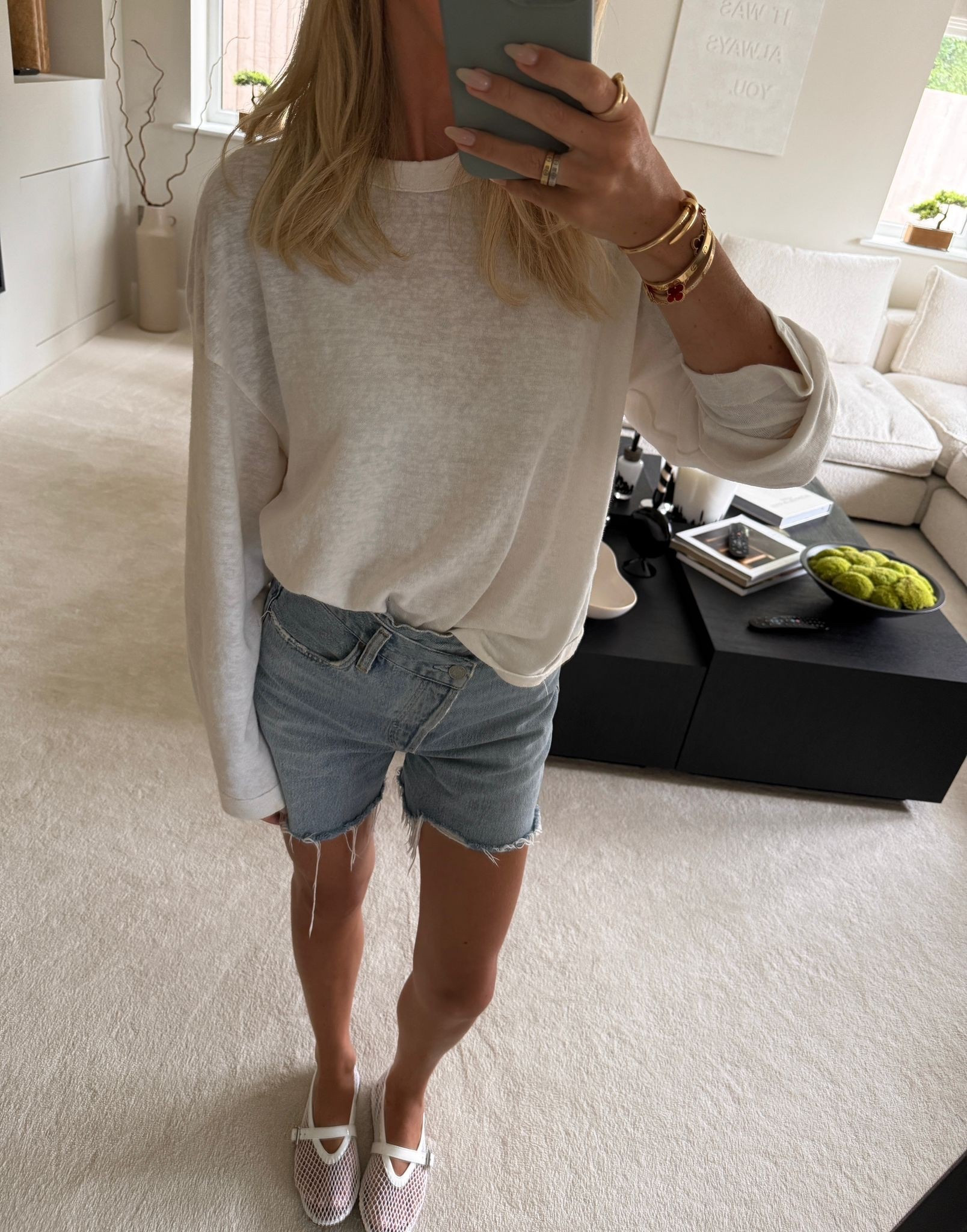 Zara fine knit sheer long sleeve t shirt, Agolde denim shorts, Alaia fishnet ballet flats 🫶🏼

#LTKeurope #LTKsummer #LTKuk