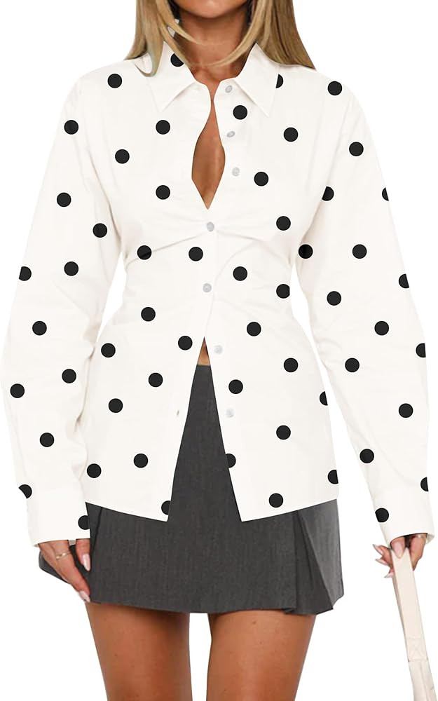 Women Long Sleeve Button Down Shirt Tie Back Cinched Waist Lapel Collar Corset Blouse Work Casual... | Amazon (US)