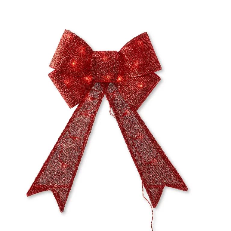 Red Tinsel Bow Lighted Hanging Decoration, 24 in, by Holiday Time - Walmart.com | Walmart (US)