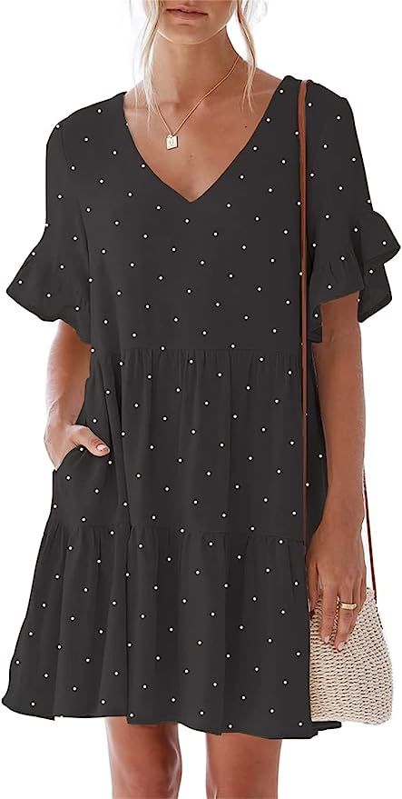 nclook Women's Summer Casual Dress Sweet & Cute V-Neck Mini Dress with Pocket Short Sleevele Ruff... | Amazon (US)