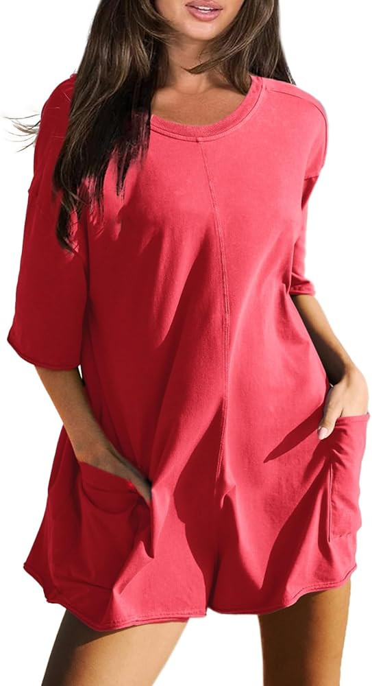 Glamaker Women's Summer Oversized Tee Romper Casual Workout Athletic Romper Onesie Backless Loose... | Amazon (US)