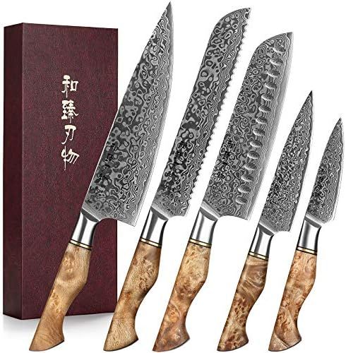 HEZHEN 5PC Kitchen Knives Set-Durable, Vacuum Heat Treated Damascus Steel- High Carbon Japanese S... | Amazon (US)