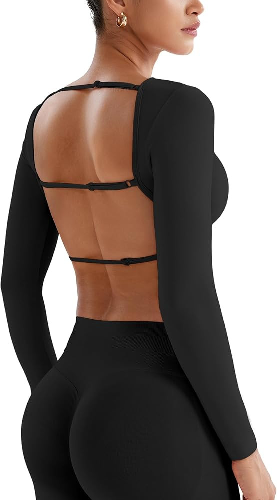 YEOREO Women's Backless Long Sleeve Adjustable Straps Seamless Crop T-Shirt | Amazon (US)