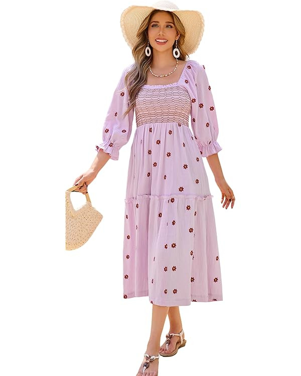 R.Vivimos Women's Long Sleeve Cotton Boho Midi Dress Vintage Square Neck Floral Embroidered Tiere... | Amazon (US)