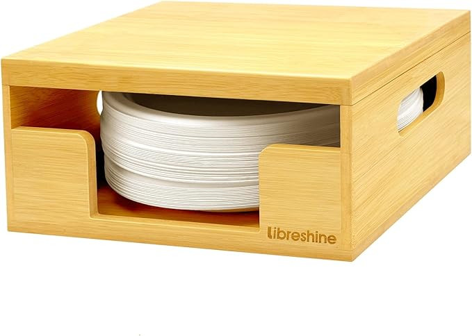 Libreshine 8-10 Inch Bamboo Paper Plate Holder Dispenser with Lid, Stackable Organizer for Dispos... | Amazon (US)