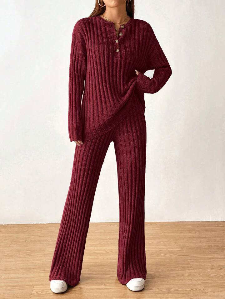 SHEIN Essnce Casual Women'S Button-Down Sweater And Sweater Pants Two-Piece Set | SHEIN