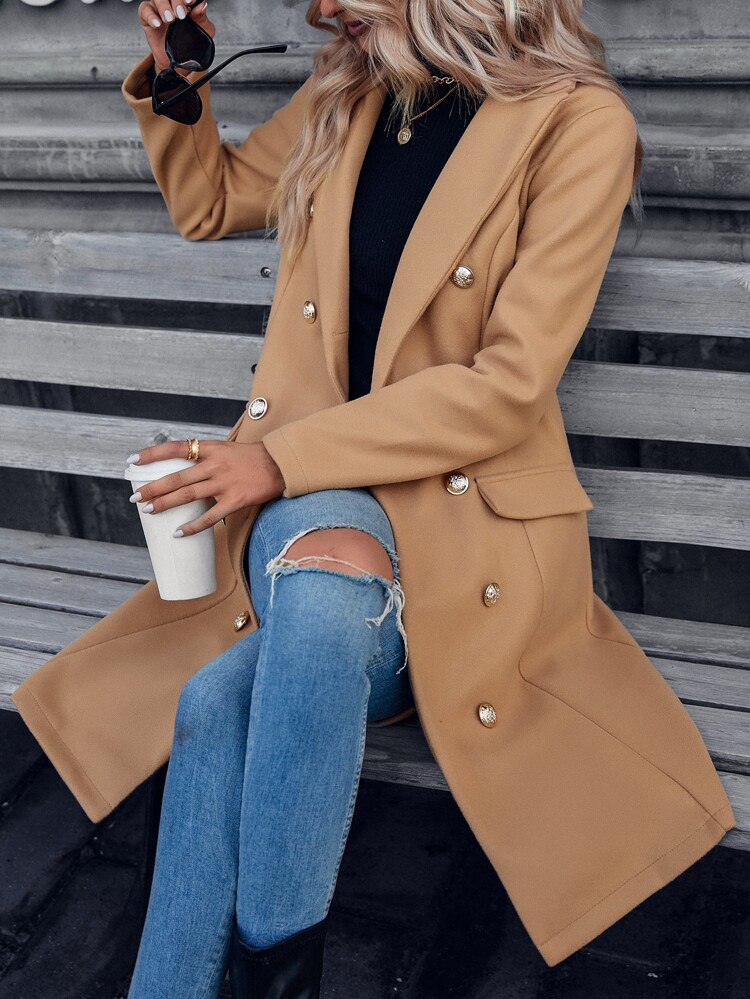 Lapel Neck Double Breasted Tweed Overcoat | SHEIN