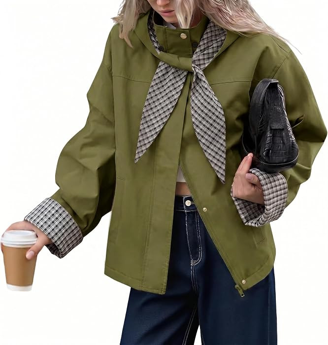 Tankaneo Womens Cropped Trench Coats Fall Jacket with Plaid Detachable Hood | Amazon (US)