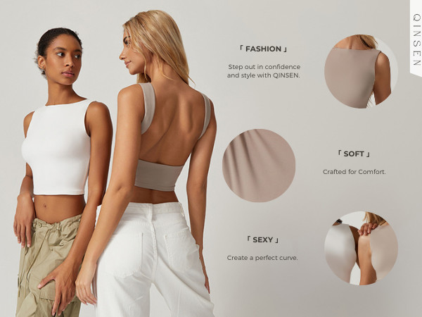 QINSEN Women's Sexy Open Back Sleeveless Crop Tank High Neck Slim Fit Cropped Tee Shirt Y2k Tops | Amazon (US)